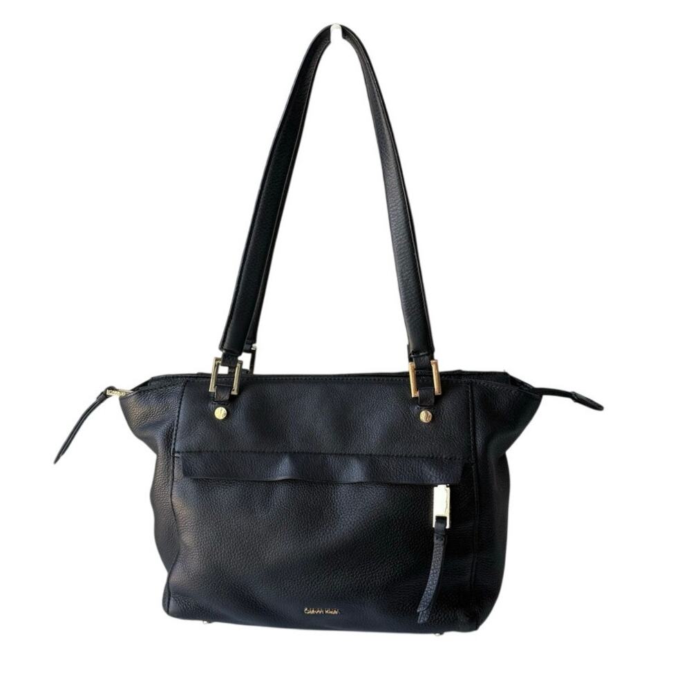 Calvin Klein Black Pebbled Leather Tote Shoulder Bag Gold Hardware
